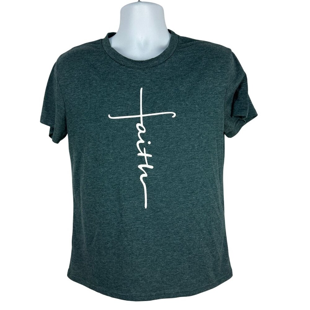Faith Graphic Tee Unisex M Heather Green Cotton/Polyester Blend